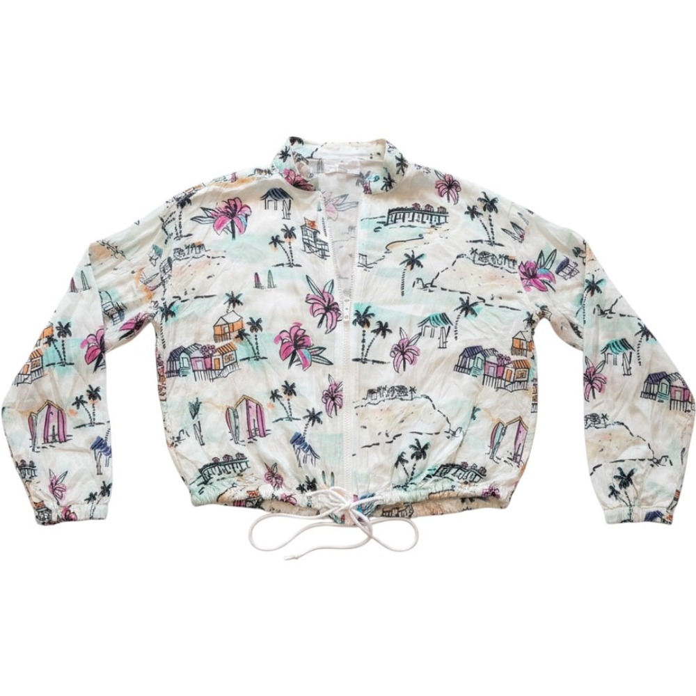 Tribe Kelley Women Tropical Island Rayon Zip Up Cropped Jacket White Size M